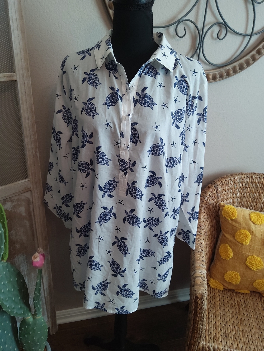 Coldwater Creek White Button-Up Swimsuit Cover-up with Navy Turtle Print